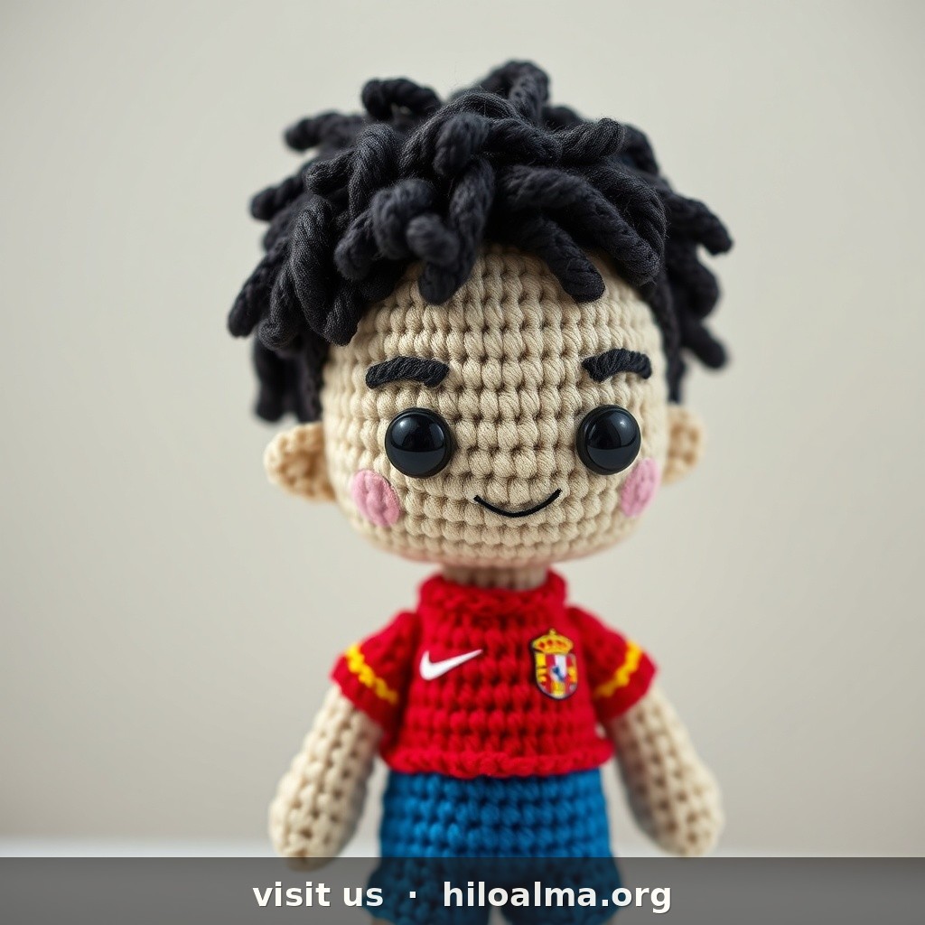 Jugador de la selección española Nico Williams, muñeco de croché amigurumi, pelo oscuro rizado, sonrisa, camiseta roja de España con escudo, pantalón azul, ojos de seguridad, estilo deportivo
