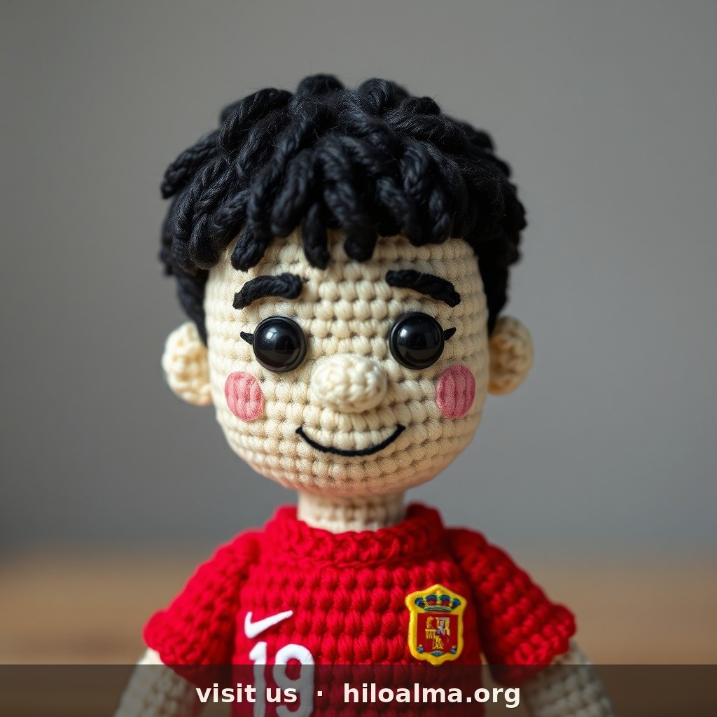 Muñeco de croché amigurumi del futbolista Lamine Yamal, selección española, adolescente/joven adulto reconocible al instante. CARA: forma ovalada alargada juvenil; tono de piel moreno medio-oscuro; cejas densas negras ligeramente arqueadas; ojos marrón muy oscuro, mirada viva y alegre; nariz recta media; sonrisa amplia con labios definidos; sin barba (piel limpia de adolescente). PELO: negro intenso; corto en laterales y nuca, arriba más volumen con textura rizada/ondulada afro-corta típica suya; línea de nacimiento natural, sin raya marcada. KIT: camiseta roja España escudo RFEF número 19, pantalón azul, medias rojas; cuerpo atlético joven en croché. ESTILO: textura de hilo visible, ojos de seguridad brillantes, amigurumi realista, fondo de estudio suave, cuerpo entero 3/4 a cámara, sin texto ni marca de agua.
