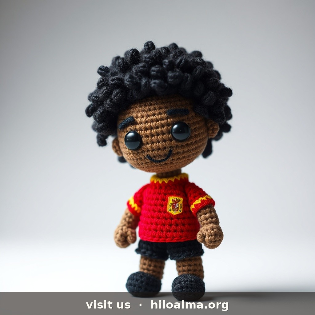 Muñeco de croché amigurumi del futbolista Nico Williams, selección española, reconocible al instante.
CARA: cara ovalada juvenil; tono de piel negro/moreno oscuro; cejas negras densas; ojos marrón oscuro con expresión alegre y abierta; nariz media; sonrisa amplia y luminosa; sin barba o stubble mínimo.
PELO: negro; corto-medio, rizado/afro corto voluminoso en la coronilla, laterales más cortos; textura de rizos claramente tejida en hilo.
KIT: camiseta roja España número 11, pantalón azul, medias rojas.
ESTILO: textura de hilo visible, ojos de seguridad, amigurumi deportivo realista, fondo estudio suave, sin texto.