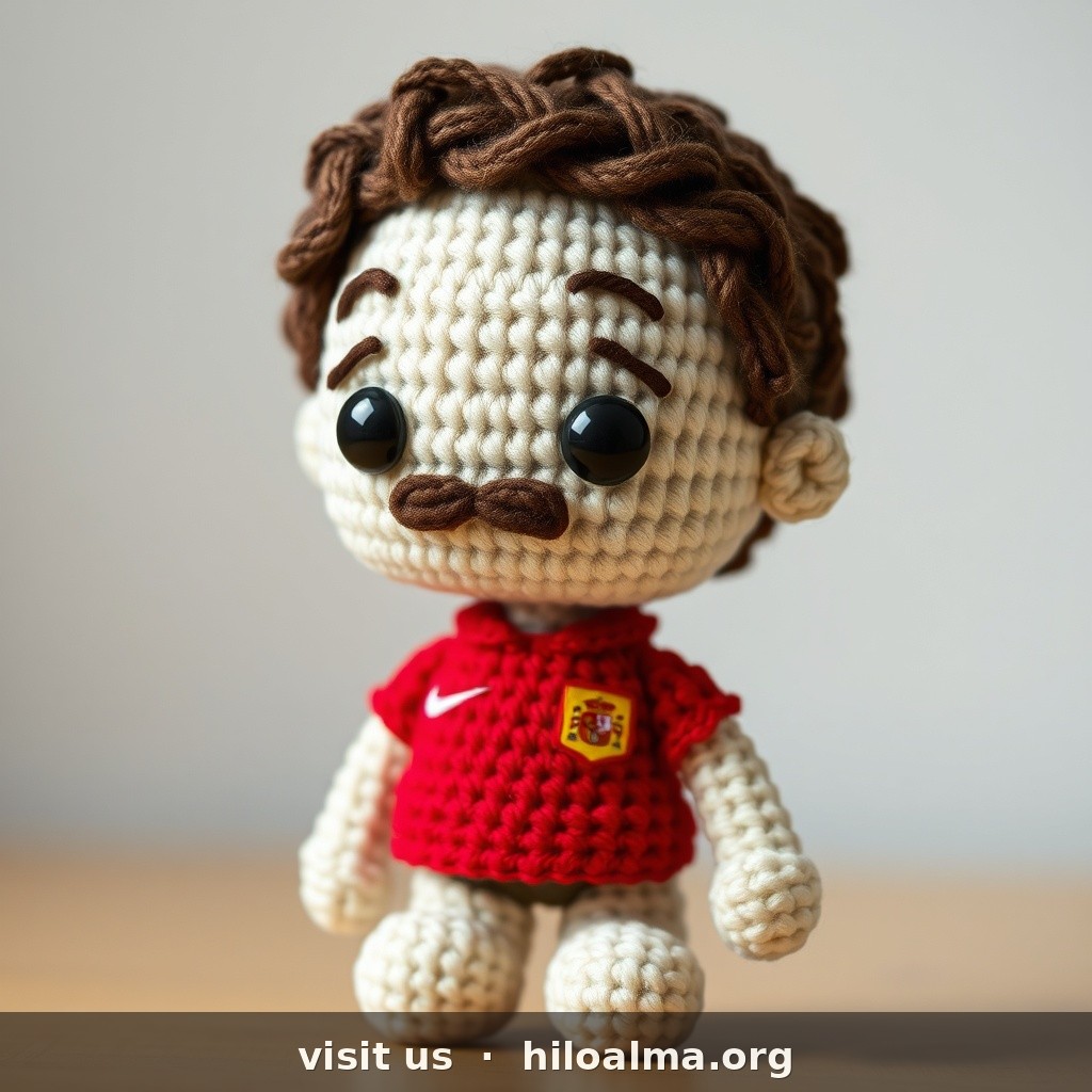 Muñeco de croché amigurumi del futbolista Pedri González, selección española, reconocible al instante.
CARA: cara ovalada suave; tono de piel claro-oliva canario; cejas castañas naturales; ojos marrón claro/avellana, mirada amable; nariz pequeña-media; sonrisa suave cerrada o semiabierta; sin barba o muy ligera sombra.
PELO: castaño medio-oscuro; corto, liso/ligeramente ondulado, peinado hacia adelante con flequillo suave típico; sin volumen extremo.
KIT: camiseta roja España número 8, pantalón azul, medias rojas.
ESTILO: textura de hilo, ojos de seguridad, amigurumi clásico realista, fondo suave, sin texto.