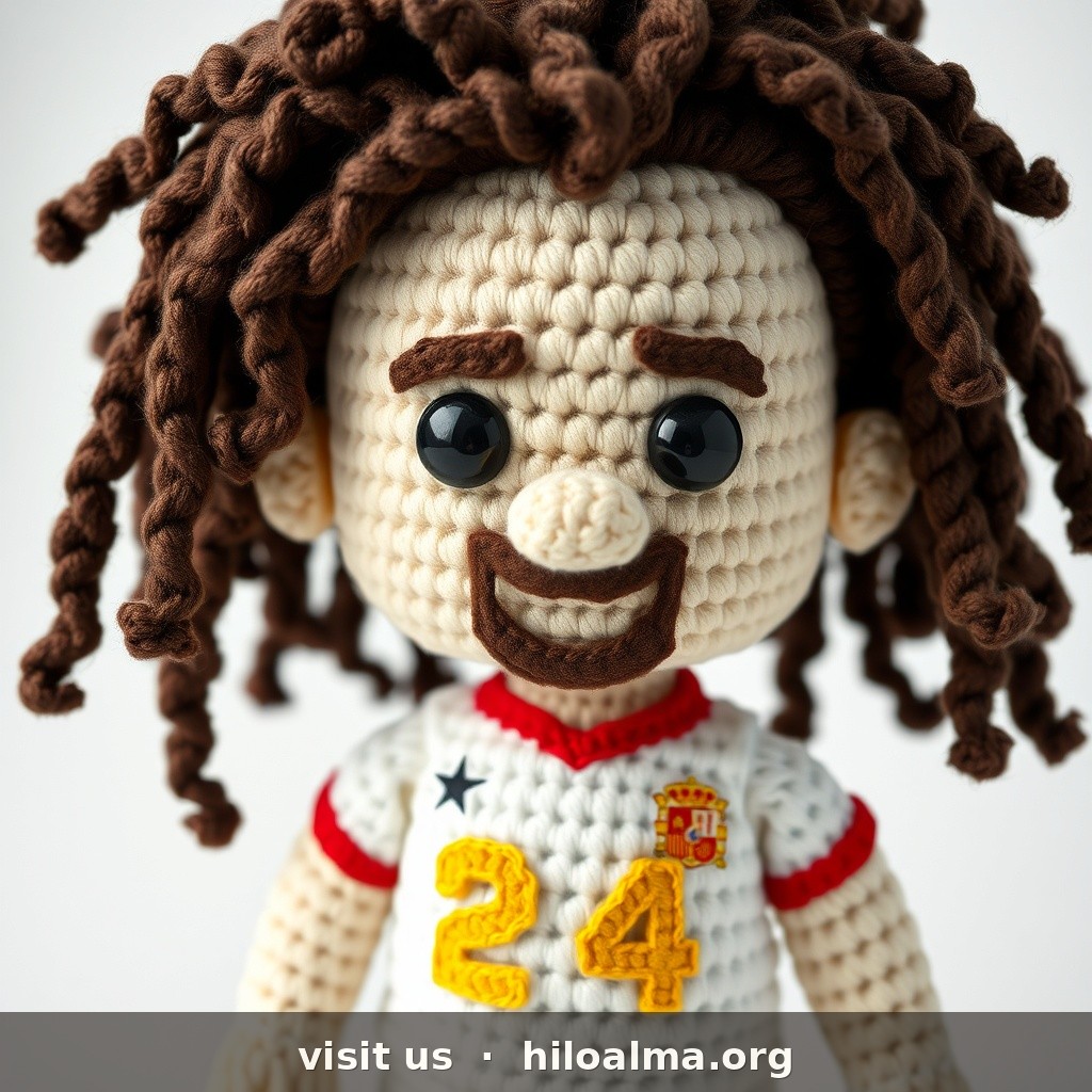 Muñeco de croché amigurumi del futbolista Marc Cucurella, selección española, reconocible al instante (pelo largo es clave).
CARA: cara alargada; tono claro-oliva; cejas densas; ojos marrón oscuro; nariz media; sonrisa amplia; barba y bigote ligeros castaño oscuro.
PELO: castaño oscuro; MUY largo, voluminoso y rizado/ondulado; mechones y trenzas/sueltos laterales característicos; mucho volumen en coronilla y hombros.
KIT: camiseta roja España número 24, pantalón azul.
ESTILO: textura de hilo visible, ojos de seguridad brillantes, amigurumi realista, fondo estudio suave, sin texto.