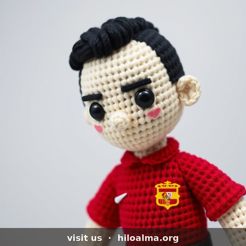 Muñeco de croché amigurumi del futbolista Álvaro Morata, selección española, reconocible al instante.
CARA: cara alargada angular; tono de piel claro; cejas densas oscuras; ojos marrón oscuro, expresión determinada/seria; nariz larga recta; boca seria o media sonrisa; barba de varios días / stubble marcado en mandíbula y mentón.
PELO: castaño oscuro casi negro; muy corto en laterales, arriba corto peinado hacia arriba/adelante con textura ligera.
KIT: camiseta roja España número 7, pantalón azul, medias rojas.
ESTILO: textura de hilo, ojos de seguridad, amigurumi realista, fondo suave, sin texto.