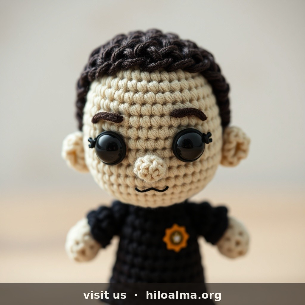 Muñeco de croché amigurumi del futbolista Rodri Hernández, selección española, reconocible al instante.
CARA: cara ovalada ancha; tono claro-oliva; cejas rectas densas; ojos marrón oscuro, mirada calmada/inteligente; nariz media ancha; boca seria; barba corta bien definida castaño oscuro (perilla + laterales).
PELO: castaño oscuro; corto, recorte fade en laterales, arriba algo más largo peinado hacia atrás/lado.
KIT: camiseta roja España número 16, pantalón azul.
ESTILO: textura de hilo, ojos de seguridad, amigurumi realista, fondo suave, sin texto.