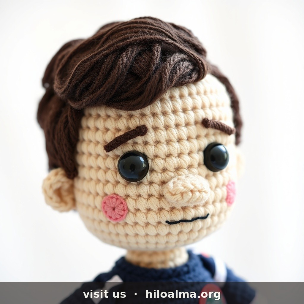 Muñeco de croché amigurumi del futbolista Fabián Ruiz, selección española, reconocible al instante.
CARA: cara ovalada alargada; tono claro-oliva; cejas marcadas; ojos marrón oscuro; nariz larga; expresión serena; barba corta / stubble en mentón y mejillas.
PELO: castaño oscuro; corto-medio ondulado, peinado hacia atrás con algo de volumen en la frente.
KIT: camiseta roja España número 10, pantalón azul.
ESTILO: textura de hilo, ojos de seguridad, amigurumi realista, fondo suave, sin texto.