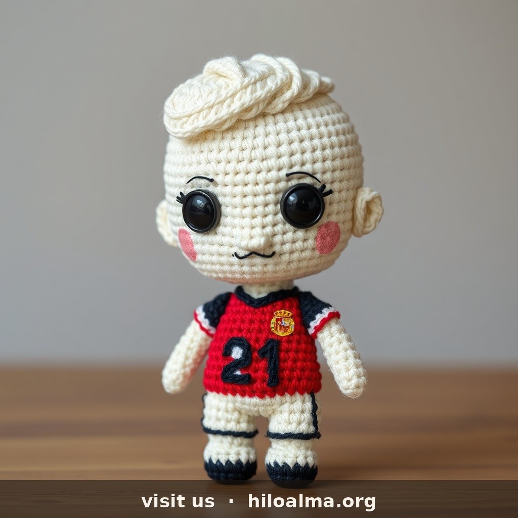 Muñeco de croché amigurumi del futbolista Mikel Oyarzabal, selección española, reconocible al instante.
CARA: cara ovalada; tono claro; cejas castañas; ojos claros/avellana; nariz media; sonrisa suave; barba ligera o limpia.
PELO: castaño claro; corto-medio, ondulado suave, peinado natural con flequillo ligero.
KIT: camiseta roja España número 21, pantalón azul.
ESTILO: textura de hilo, ojos de seguridad, amigurumi realista, fondo suave, sin texto.