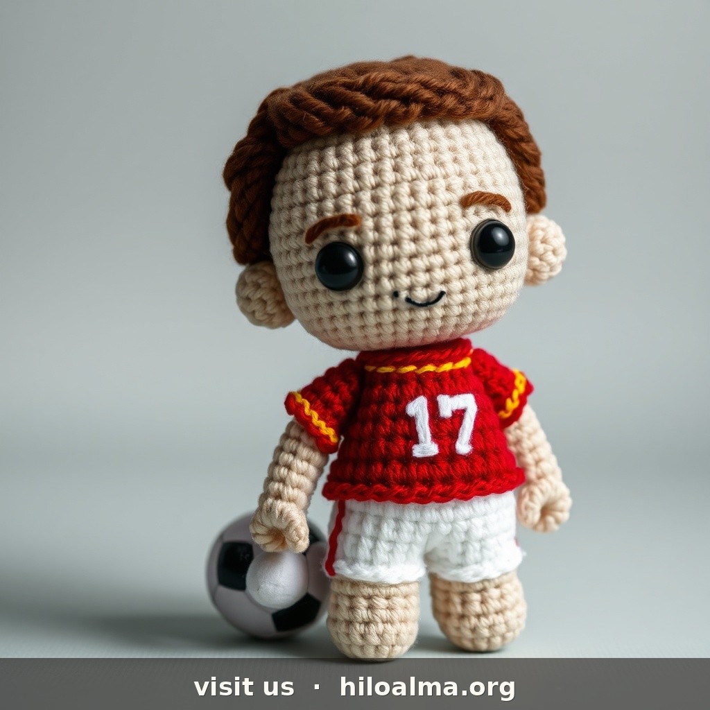 Muñeco de croché amigurumi del futbolista Ferran Torres, selección española, reconocible al instante.
CARA: cara ovalada juvenil; tono claro; cejas claras; ojos claros; nariz pequeña-media; sonrisa abierta; sin barba.
PELO: rubio oscuro / castaño muy claro; corto, liso, peinado hacia un lado con flequillo.
KIT: camiseta roja España número 17, pantalón azul.
ESTILO: textura de hilo, ojos de seguridad, amigurumi realista, fondo suave, sin texto.