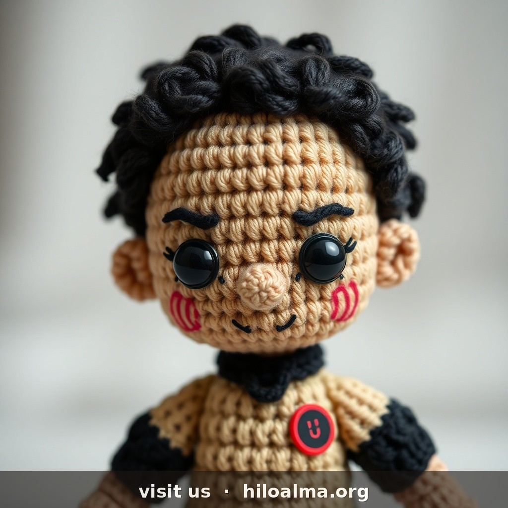 Muñeco de croché amigurumi del futbolista Gavi, selección española, joven reconocible al instante.
CARA: cara redonda juvenil; tono claro-oliva; cejas densas oscuras; ojos marrón oscuro intensos; nariz pequeña; expresión pícara/determinada; sin barba.
PELO: negro/castaño muy oscuro; corto rizado/afro-corto con volumen arriba, laterales más cortos.
KIT: camiseta roja España número 9, pantalón azul.
ESTILO: textura de hilo, ojos de seguridad, amigurumi realista, fondo suave, sin texto.