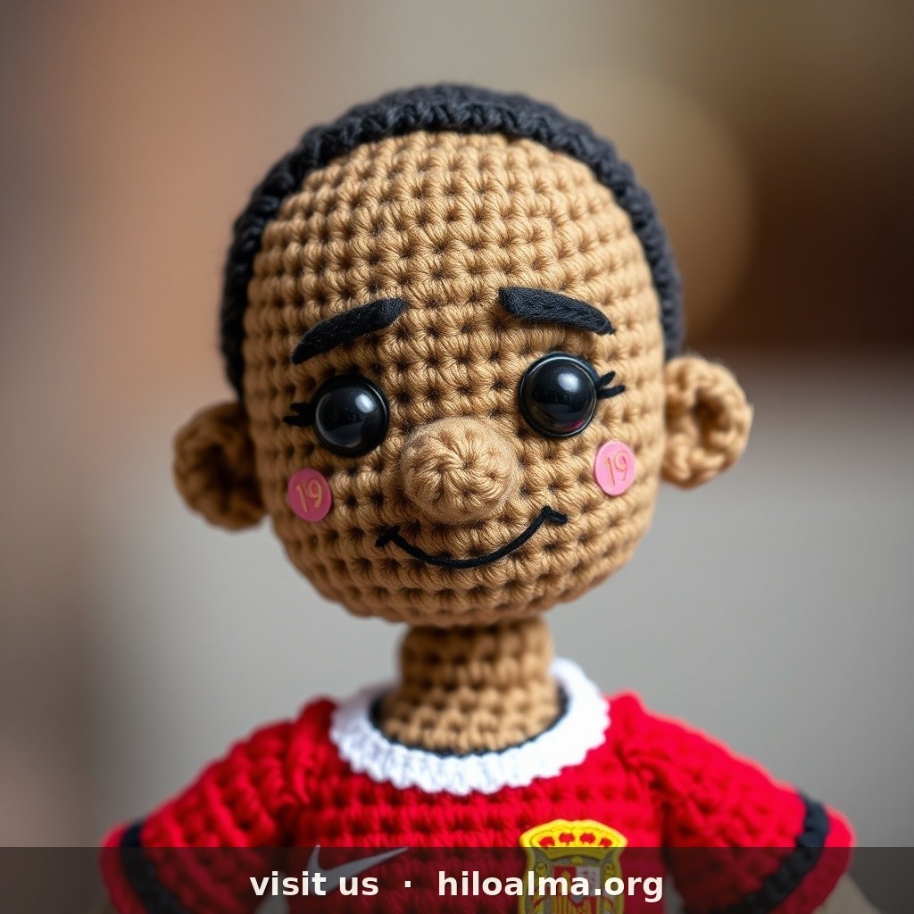 Photorealistic handmade crochet amigurumi doll of footballer Lamine Yamal (Spain).
CRITICAL FACE: MEDIUM-DARK BROWN / MORENO skin yarn (NOT cream, NOT beige, NOT pale). Oval youthful face, clean-shaven NO beard NO mustache. Dense black arched eyebrows. Large glossy black safety eyes. Wide smile.
CRITICAL HAIR: intense BLACK short afro-curl / textured coils on top, shorter sides — Yamal signature curls.
KIT MANDATORY: bright RED Spain home jersey with RFEF crest, white number 19 on chest, blue shorts, red socks. Visible yarn texture, soft studio lighting, full body or 3/4, plain background, no text watermark.