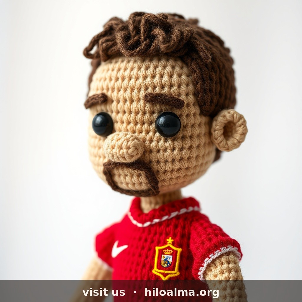 Photorealistic handmade crochet amigurumi doll of footballer Pedri González (Spain).
CRITICAL: NO mustache, NO beard, clean young face. Light olive / canary skin. Soft oval face. Brown eyebrows. Friendly smile. Short medium-dark BROWN hair, smooth, brushed forward with soft fringe — NOT curly afro, NOT mustache.
KIT MANDATORY: bright RED Spain home jersey, RFEF crest, white number 8, blue shorts, red socks. Safety eyes, yarn texture, studio background, no watermark.