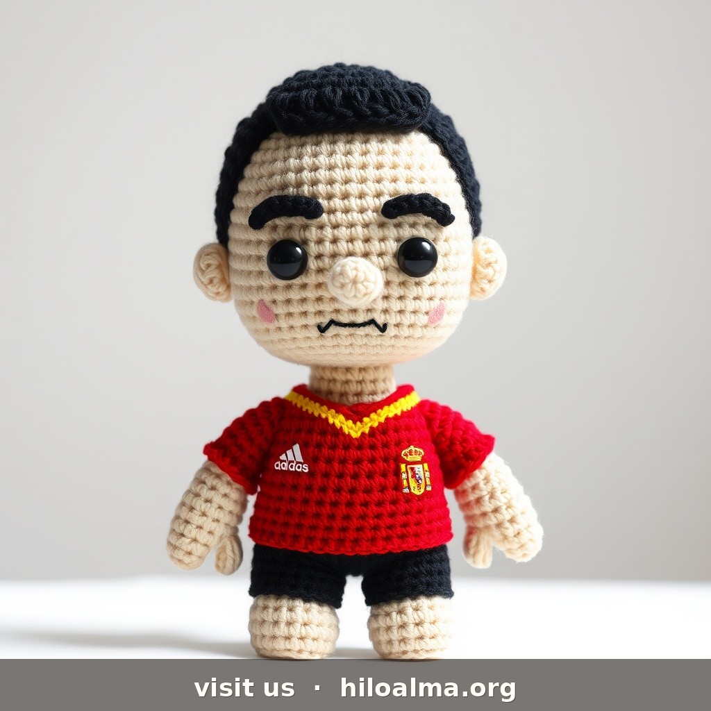 Photorealistic handmade crochet amigurumi doll of footballer Álvaro Morata (Spain).
CRITICAL FACE: pale/light skin, long angular face, dense dark eyebrows, serious expression. IMPORTANT: short dark stubble beard on jaw and chin (several-day beard). Short almost-black hair, short sides, top brushed up.
KIT MANDATORY: bright RED Spain home jersey, RFEF crest, white number 7, blue shorts. Safety eyes, yarn texture, studio, no watermark.