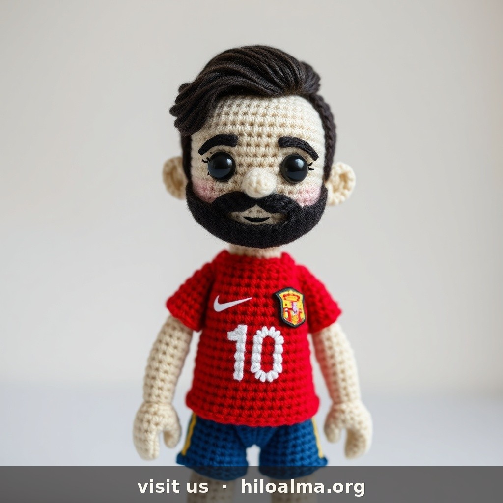 Photorealistic handmade crochet amigurumi doll of footballer Fabián Ruiz (Spain).
CRITICAL FACE: light-olive skin, elongated face, short dark stubble beard on chin/cheeks. Dark brown short-medium wavy hair brushed back with volume at forehead.
KIT MANDATORY: bright RED Spain home jersey ONLY (NOT blue, NOT navy), RFEF crest, white number 10, blue shorts. Safety eyes, yarn texture, studio, no watermark.