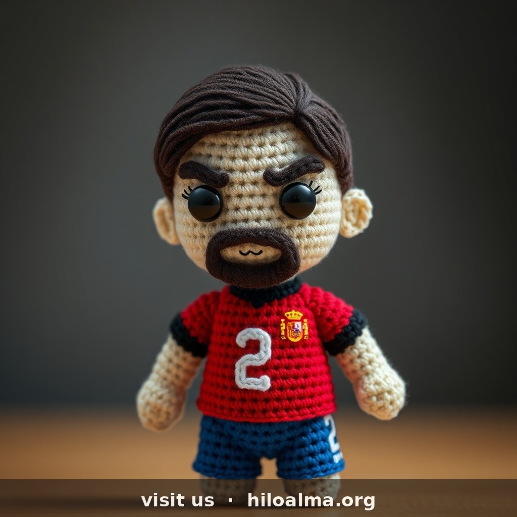 Photorealistic handmade crochet amigurumi doll of footballer Dani Carvajal (Spain).
CRITICAL FACE: light skin, compact round face, intense look, FULL SHORT DARK BEARD covering jaw. Short dark brown hair brushed forward.
KIT MANDATORY: bright RED Spain home jersey ONLY (NOT navy), RFEF crest, white number 2, blue shorts. Safety eyes, yarn texture, studio, NO big pink blush patches, no watermark.