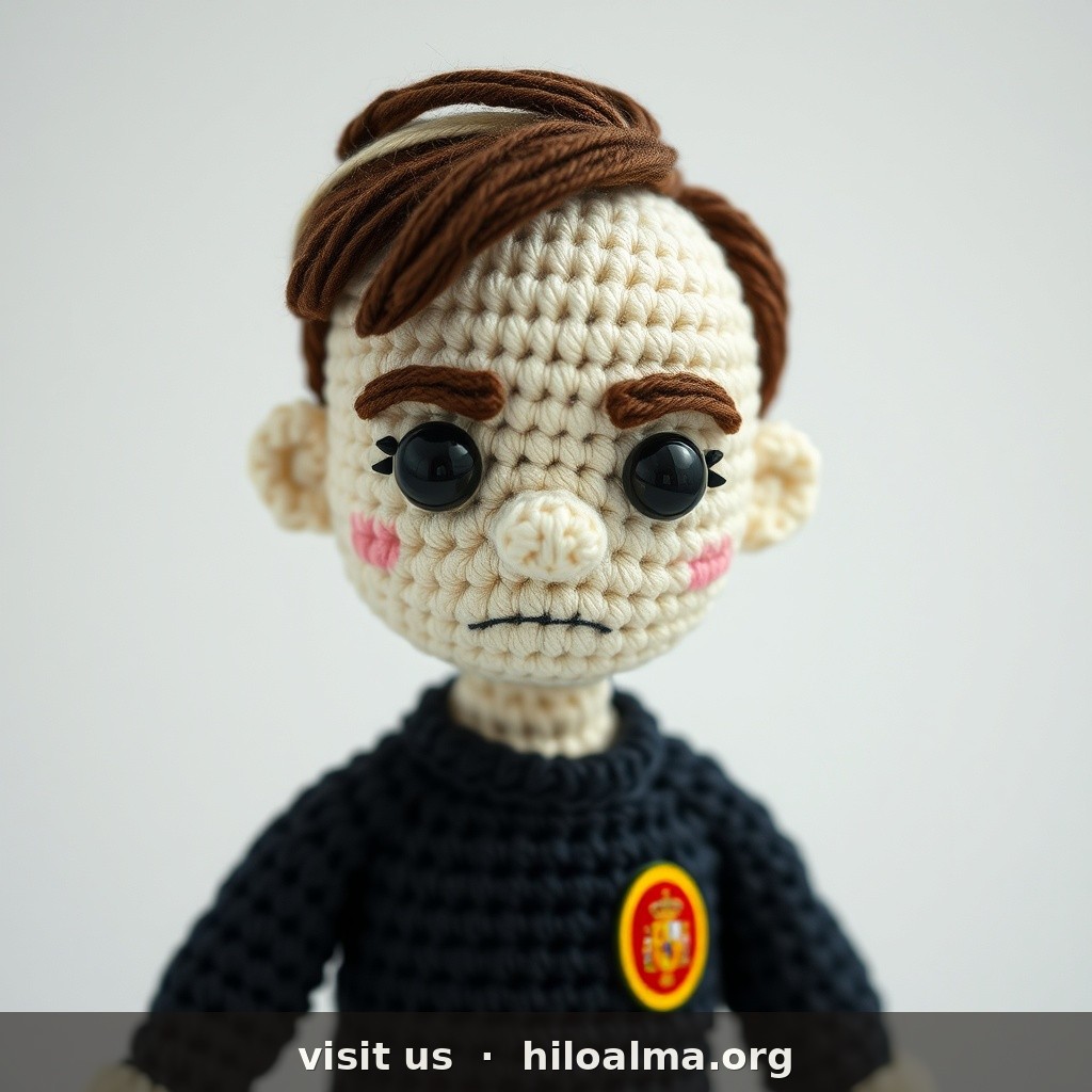 Photorealistic handmade crochet amigurumi doll of goalkeeper Unai Simón (Spain).
CRITICAL FACE: light skin, elongated face, light hazel/green eyes if possible else dark safety eyes, serious. Light brown / dark blonde SHORT straight hair parted to one side — NOT burgundy, NOT red, NOT maroon, NO cream highlights.
KIT MANDATORY: Spain GOALKEEPER kit (neon green OR black keeper jersey), crochet GOALKEEPER GLOVES on both hands, number 1, matching shorts. Yarn texture, studio, no watermark.