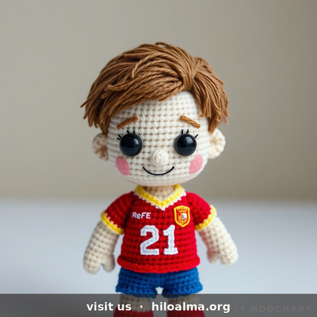 Photorealistic handmade crochet amigurumi doll of footballer Mikel Oyarzabal (Spain).
CRITICAL FACE: light skin, soft smile, light brown / chestnut hair short-medium soft waves with light fringe — NOT platinum blonde, NOT yellow blonde.
KIT MANDATORY: bright RED Spain home jersey, RFEF crest, white number 21, BLUE shorts (not white), red socks. Safety eyes, yarn texture, studio, no watermark.