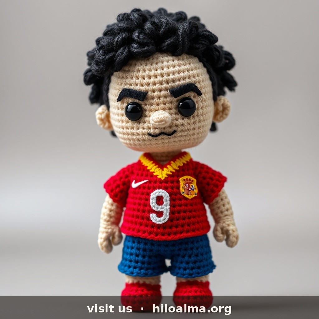 Photorealistic handmade crochet amigurumi doll of footballer Gavi (Spain).
CRITICAL FACE: young round face, light-olive skin, dense dark eyebrows, intense look, clean-shaven. BLACK short curly / afro-short hair with volume on top.
KIT MANDATORY: bright RED Spain home jersey with RFEF crest, white number 9 on chest, blue shorts, red socks. Full visible Spain kit. Safety eyes, yarn texture, studio, no watermark.
