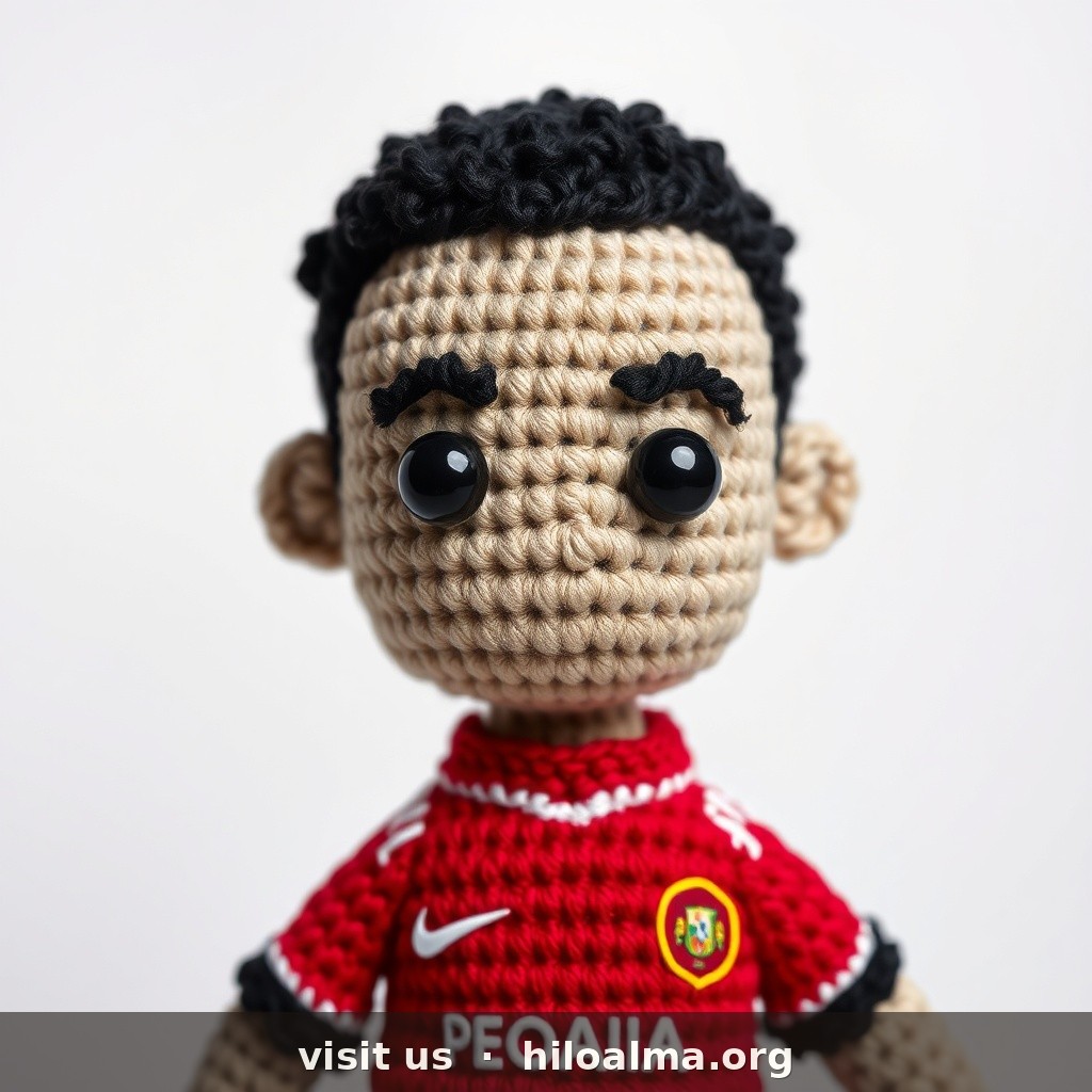 Jugador de la selección española Álvaro Morata, muñeco de croché amigurumi, cara alargada, piel clara, barba de varios días stubble oscuro en mandíbula, pelo castaño muy oscuro corto peinado hacia arriba, expresión seria, camiseta roja España escudo RFEF número 7 blanco, pantalón azul, ojos de seguridad, textura de hilo, fondo estudio suave