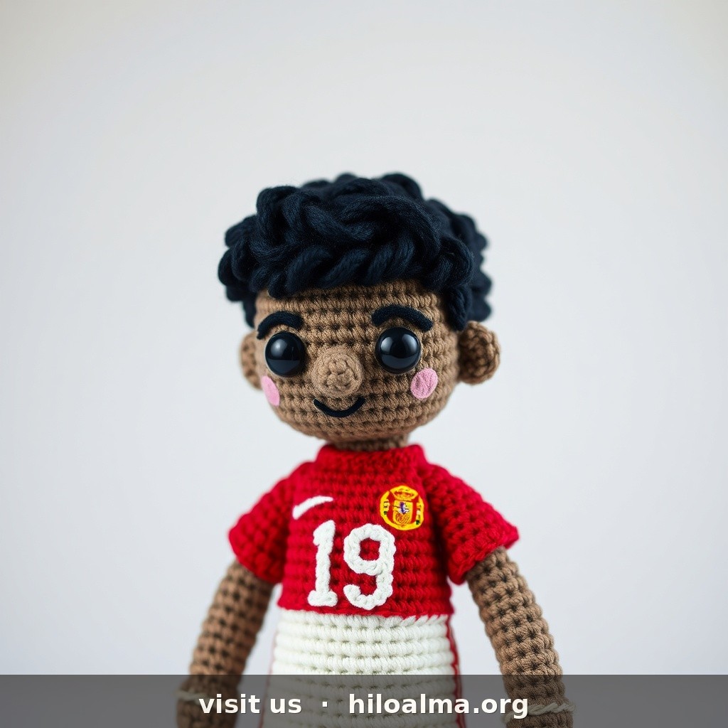 Álvaro Morata delantero selección española, muñeco croché amigurumi realista, cara alargada seria, PIEL CLARA, BARBA CORTA de varios días en mandíbula y mentón color castaño oscuro, pelo castaño oscuro corto con laterales cortos y arriba peinado hacia arriba (NO afro, NO rizos tipo Yamal), camiseta ROJA España con escudo y NÚMERO 7 grande en blanco en el pecho, pantalón AZUL, ojos de seguridad, textura hilo, fondo estudio, sin texto inventado