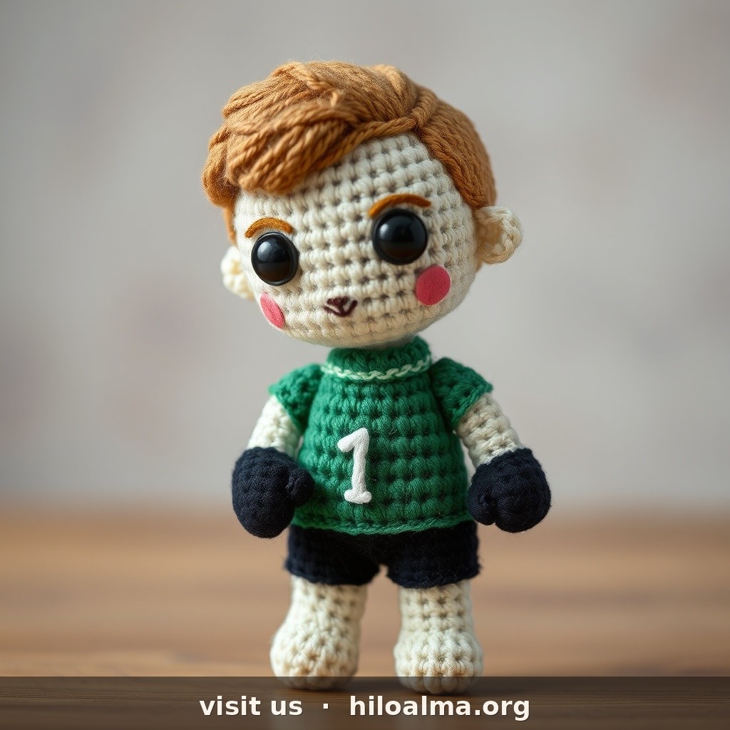 Unai Simón PORTERO de España, muñeco croché amigurumi, pelo castaño claro corto peinado a un lado, frente despejada, piel clara, expresión concentrada, lleva CAMISETA DE PORTERO VERDE FLÚOR de España, GUANTES NEGROS DE PORTERO en las dos manos, número 1 en el pecho, pantalón negro de portero, ojos de seguridad, textura de hilo visible, cuerpo entero, fondo estudio suave