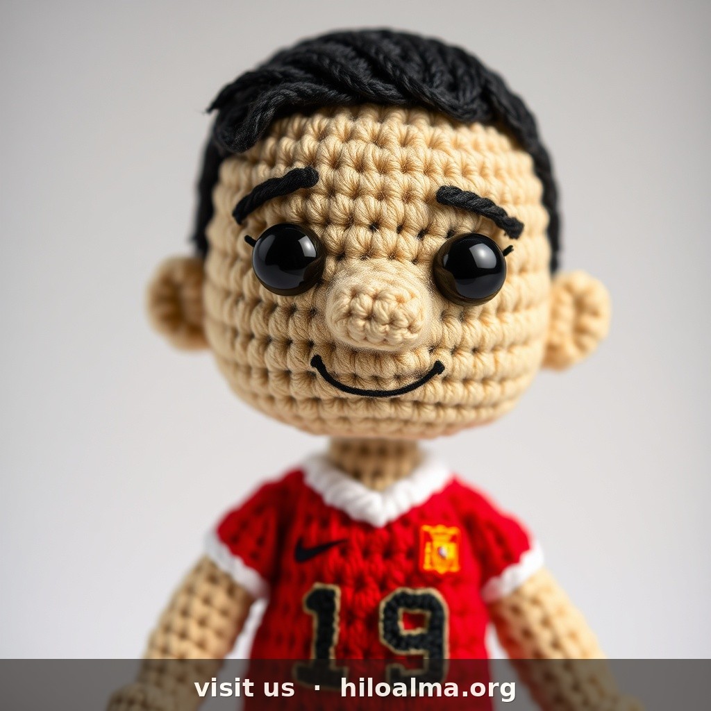 Jugador de la selección española Álvaro Morata (NO Lamine Yamal, NO rizos afro), muñeco de croché amigurumi, cara alargada angular, piel clara, expresión determinada, barba corta stubble oscuro en mandíbula, pelo castaño oscuro corto peinado hacia arriba (corte europeo corto, laterales cortos), camiseta roja España con escudo RFEF y número 7 blanco grande en el pecho, pantalón azul, ojos de seguridad brillantes, textura de hilo visible, estilo amigurumi realista, fondo de estudio suave