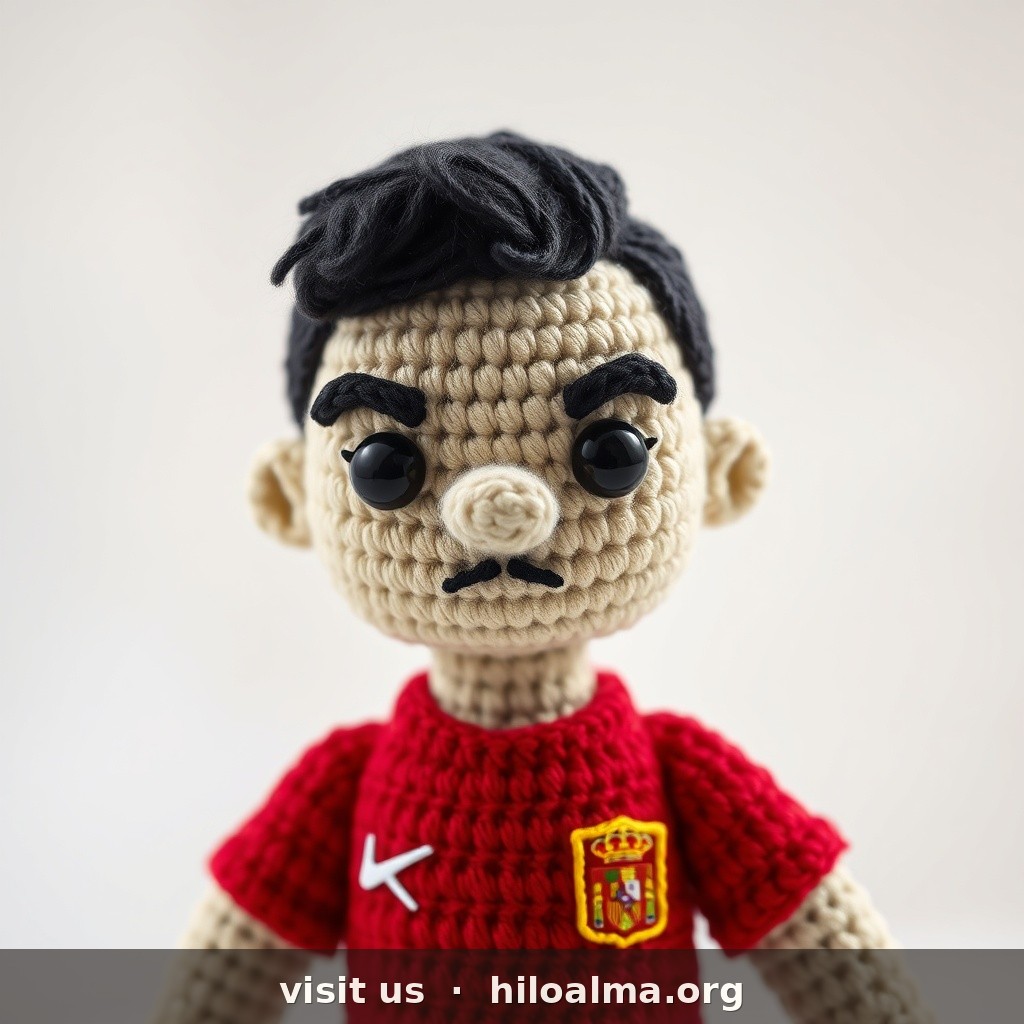 Jugador de la selección española Álvaro Morata, muñeco de croché, pelo corto oscuro peinado hacia arriba, barba corta de varios días, cara alargada, expresión determinada, ojos de seguridad, camiseta roja de España con número 7, estilo realista amigurumi