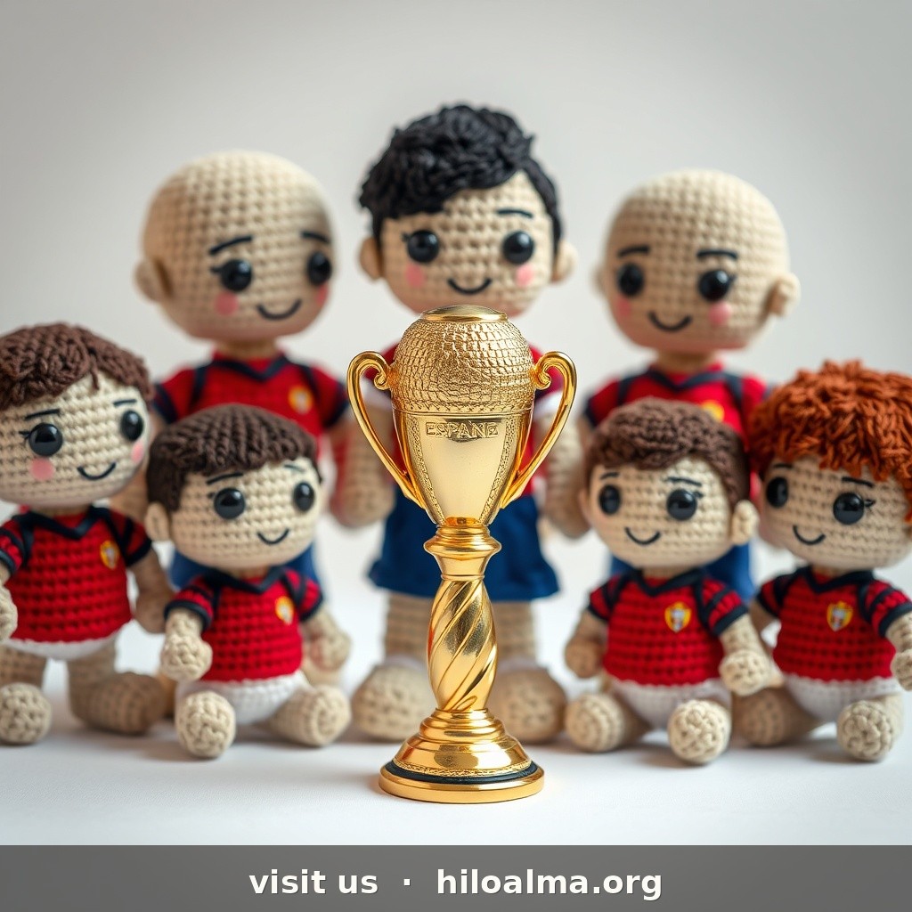 Foto grupal en croché amigurumi de la selección española de fútbol celebrando con la Copa del Mundo dorada en el centro, varios muñecos de croché con camiseta roja de España, pantalón azul, ojos de seguridad, pelo de hilo variado, trofeo de la Copa del Mundo tejido en hilo dorado brillante, composición de producto, estudio suave, estilo amigurumi realista, textura de hilo visible, NO fotografía real