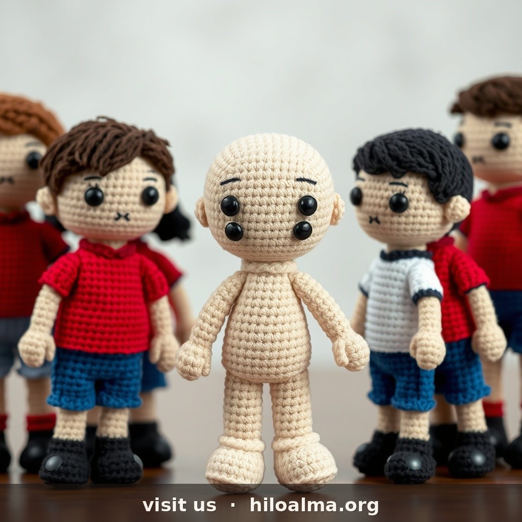 Once jugadores de croché amigurumi de la selección española en formación de equipo, camisetas rojas, pantalones azules, ojos de seguridad, dispuestos en dos filas como foto oficial, fondo suave de estadio, estilo amigurumi, textura de hilo visible