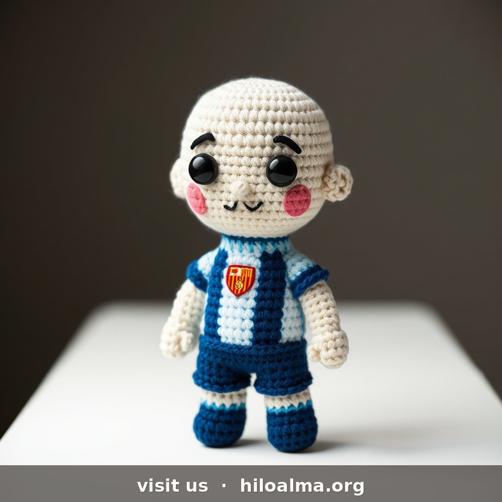Jugador SOLO de Málaga CF llamado Alfonso Herrero, Portero, muñeco de croché amigurumi, camiseta de rayas verticales azul celeste y blanco de Málaga CF (blanquiazul), escudo redondo azul y blanco de Málaga CF en el pecho, guantes de portero, solo colores y escudo de Málaga CF, ojos de seguridad brillantes, textura de hilo visible, estilo amigurumi deportivo, fondo de estudio suave, NO fotografía real, NO camiseta de otro club, NO escudo del FC Barcelona, NO blaugrana