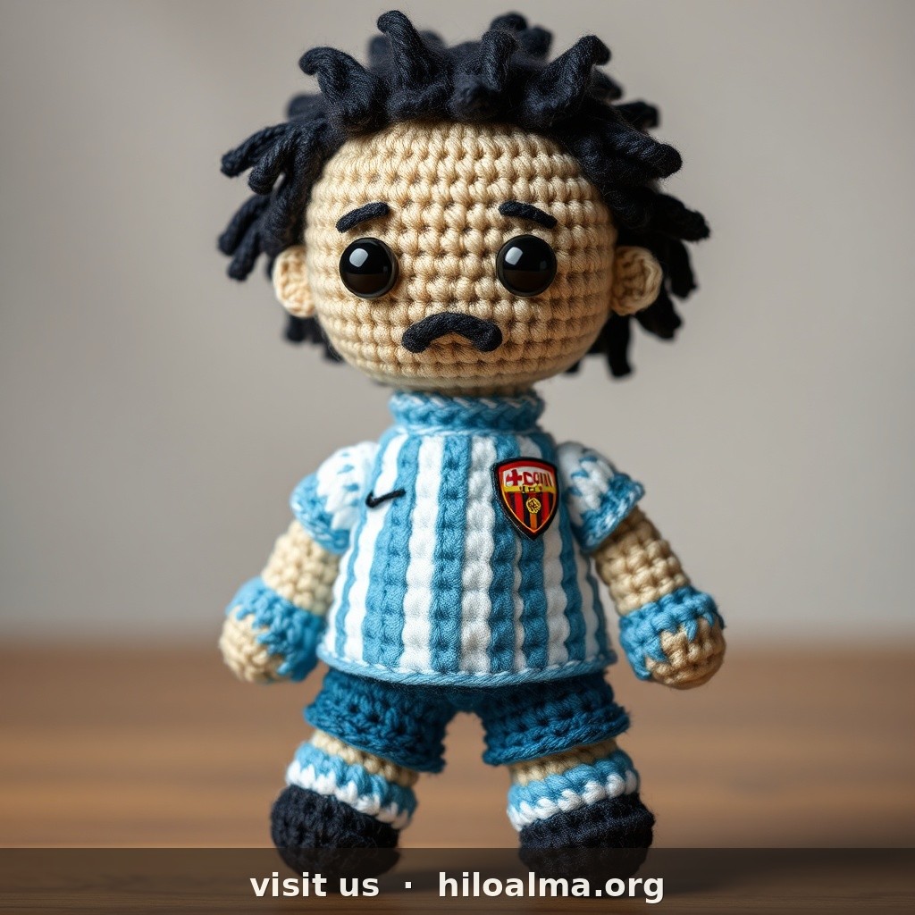 Jugador SOLO de Málaga CF llamado Alfonso Herrero, Portero, muñeco de croché amigurumi, camiseta de rayas verticales azul celeste y blanco de Málaga CF (blanquiazul), escudo redondo azul y blanco de Málaga CF en el pecho, guantes de portero, solo colores y escudo de Málaga CF, ojos de seguridad brillantes, textura de hilo visible, estilo amigurumi deportivo, fondo de estudio suave, NO fotografía real, NO camiseta de otro club, NO escudo del FC Barcelona, NO blaugrana